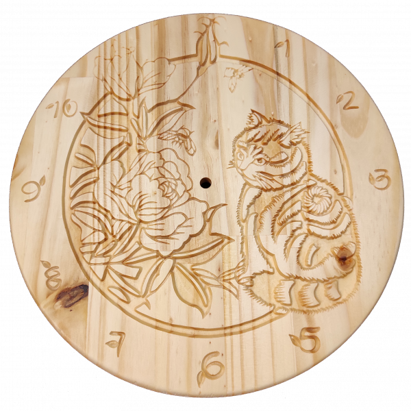 Chat et Fleurs - Horloge Murale en Bois de Pin – Image 2